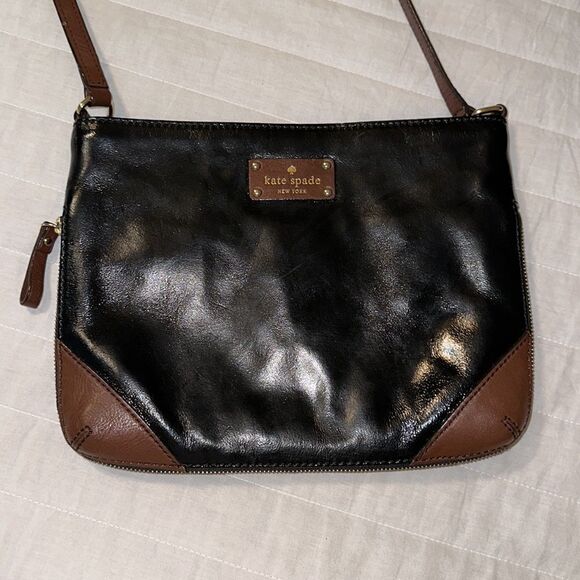 Kate Spade Black Brown Gold Tone Hardware Parent Leather Crossbody Purse - Picture 1 of 14